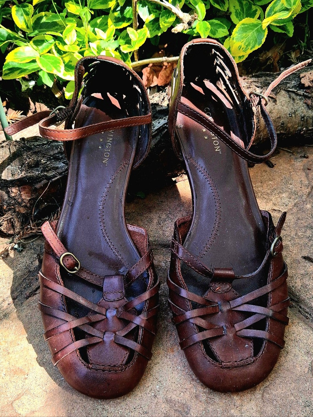 Covington Women's Brown Leather Woven Ankle-Strap Sandals Size 8